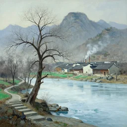 a gorgeous bleak spring landscape painting by barlowe wayne maxfield parrish and marco mazzoni. tree no leaf, no flower!! china mountain village!! smoke curling up from kitchen chimneys, grey blue and light verdancy. the lake ice is melting. the winding stone steps. ultra clear detailed. 3 d, octane render. chinese wuxia. 8 k
