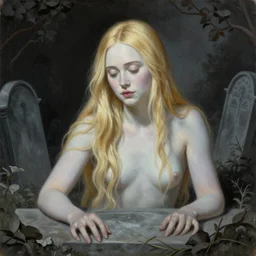 Painting of Elle Fanning rising from the grave, long blonde hair, delicate, pale milky white porcelain skin, by Edward Hopper. 8K. Extremely detailed.