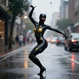 beautiful female model dancing on the street with body painted in black colors, acid rain, wet vallerina, wearing latex balaclava, golden body paint, photography by amy leibowitz, street, bokeh, long exposure, color papers flying in the sky