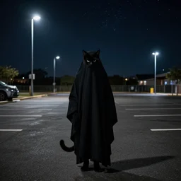 ghost of a black cat in an empty parking lot with high street lamps, starry night, street photography, very detailed, dark colors