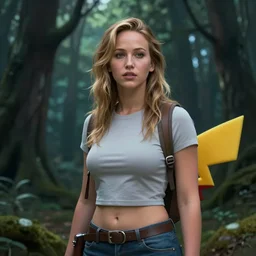 a portrait of jennifer lawrence as a pokemon trainer, beautiful, in a dark forest, extremely detailed digital art, trending on artstation hyper realistic matte painting, pixar, by wlop, art germ