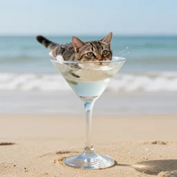 photo of a cat swimming inside a glass of martini, on the beach