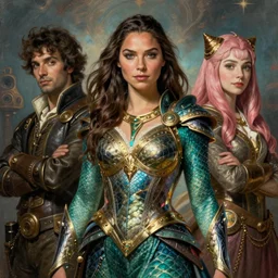 A fantasy comic book style portrait painting of Gal Gadot, hybrid, Anya Taylor-Joy, as an Atlantean Reptilian Warrior, François Boucher, Oil Painting, Mystical Valkyrie, unreal 5, DAZ, hyperrealistic, octane render, Regal, Refined, Detailed Digital Art, RPG portrait, William-Adolphe Bouguereau, Michael Cheval, Walt Disney (1937), Steampunk, dynamic lighting, Highly Detailed, Cinematic Lighting, Unreal Engine, 8k, HD
