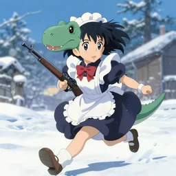 portrait of anime dinosaur wearing maid bunny dress with rifle in hands running winter by greg rutkowski, key visual, kyoto animation, makoto shinkai, studio ghibli pixiv, sharp, detailed, high quality, award winning trending on artstation super detailed face sparkling eyes fingers