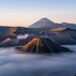 landscape photography, volcanic mountains, cold lighting, morning hour, mountains, clouds, beautiful, kodachrome, 4 k, hd