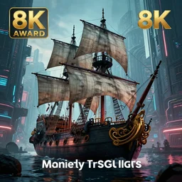 high quality photo of a pirate ship in a cyberpunk cyberpunk cyberpunk city, realism, 8k, award winning photo