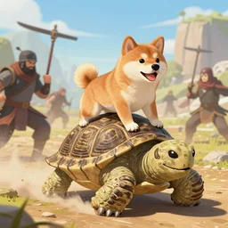 shiba inu riding a war tortoise into battle