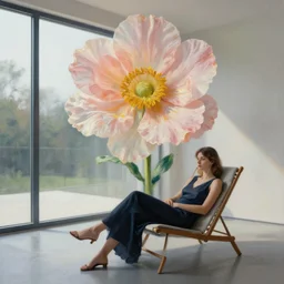 portrait, huge flower head, woman sitting on lounge chair by a modern window, surreal photography, studio light, impressionist painting, digital painting, artstation, simon stalenhag