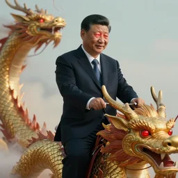 close up cinematic artwork of President Xi with glowing red eyes riding on a Chinese dragon by greg rutowski, masterpiece, 4k