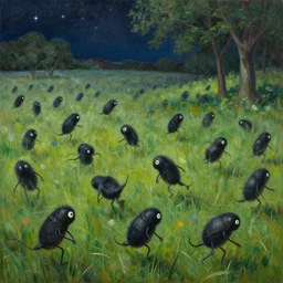 a gaggle of little black machine organisms swirled, windblown, across the grass under the trees and stars, oil painting by fabio napoleoni, shaun tan, agostino arrivabene, craig davison