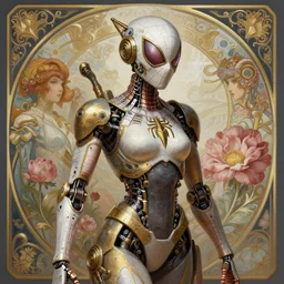 portrait of spidergirl, robot steampunk, floral! horizon zero dawn machine, intricate, elegant, highly detailed, ray tracing, digital painting, artstation, concept art, smooth, sharp focus, illustration, art by artgerm and greg rutkowski and alphonse mucha, 8 k