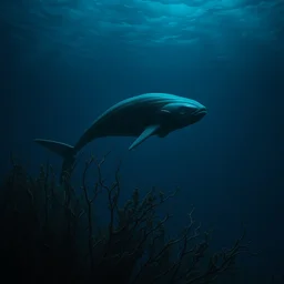 sea creature by maurice sendak, shaun tan, made in hyperrealistic 3 d, dark green colours, nighttime, floating to the surface of a deep blue ocean with sea kelp