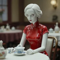 movie still of a woman made out of porcelain sitting at a table in a cafe, wearing a red cheongsam, smooth white skin, creepy, tea set in foreground, directed by Guillermo Del Toro