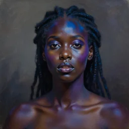 dark, ebony woman with blue and purple pigments, oil paint, portraiture