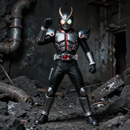 character portrait of a high fantasy kamen rider gunslinger standing in an abandoned coal mine doing a henshin pose, glowing eyes in helmet, glowing eyes, demonic dragon inspired armor, broken pipes, muted colors, tense atmosphere, good value control, matte painting, minimal artifacts, sharp focus, 8 k, rubber suit, pvc armor, dramatic lighting, frank frazetta