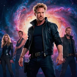 movie still frame, photorealistic, cyberpunk harrison ford in epic pose, a psychedelic nebula in the background, beautiful composition, 8 k, cgi, by ridley scott, james cameron, zack snyder and michael bay