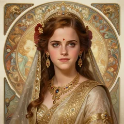 Emma Watson as an Indian Goddess, cute, fantasy, intricate, elegant, highly detailed, digital painting, 4k, HDR, concept art, smooth, sharp focus, illustration, art by artgerm and H R Giger and alphonse mucha