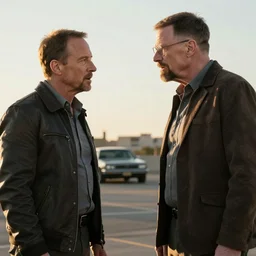 movie still of Jack Bauer and Walter White arguing, 4k, golden hour