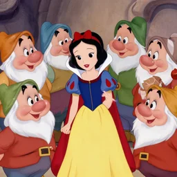 close up of snow white and the 7 dwarfs, cinematographic shot, by walt disney cartoon