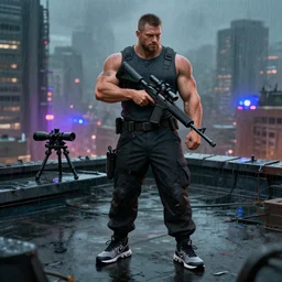 A broad shouldered, muscular man wearing Acronym p-31 Ds pants and Sleeveless shirt and Nike Acronym presto sneakers, rooftop, sniper rifle stationed in background, Police sirens shining in far background,  high quality, digital art, dirty cyberpunk city, rain, greg rutkowski