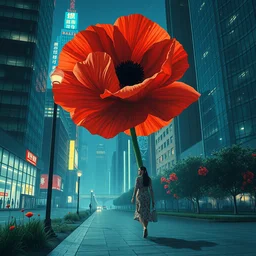 giant poppies flower head, woman walking in a modern city, surreal, dramatic light, by victo ngai by james jean, by rossdraws, frank franzzeta, mcbess
