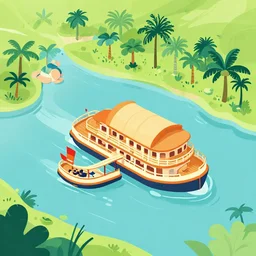 isometric aerial view of the jungle cruise riverboat in a river adventureland disneyland, colorful, flat style, nautical navigation map, minimalist modern illustration ink drawing retro poster art