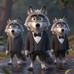 3 d render of a wolf as a gentleman wearing tuxedo in the pixar style, smooth render, unreal engine 5, wet reflections