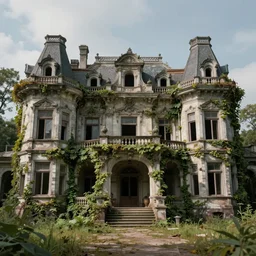 ugly gaudy mansion, abandoned, growing vines, very old, professional art, trending on artstation, very detailed, realistic,