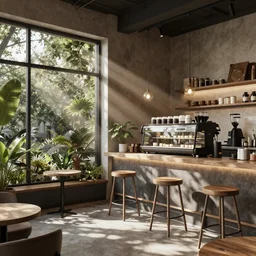 realistic coffee shop render, octane render, god rays, cinematic, with plants, nature on the background, intricate, high detail, photorealistic photography