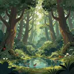 beautiful forest with twisting fantasy tress  and pond with birds, Digital Matte Illustration by Raphael Lacoste and Ralph McQuarri