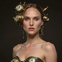 steampunk clockpunk portrait of natalie portman, au naturel, hyper detailed, digital art, trending in artstation, cinematic lighting, studio quality, smooth render, unreal engine 5 rendered, octane rendered, art style by klimt and nixeu and ian sprigger and wlop and krenz cushart.