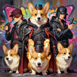 beautiful anime painting of fantasy corgi assassin cult, by, craig mullins, craig davison. trending on artstation, 8 k, masterpiece, graffiti paint, fine detail, full of color, intricate detail, golden ratio illustration