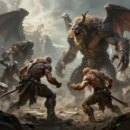 hyper realistic fantasy monster fight scene, concept art, by greg rutkowski