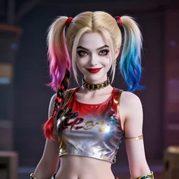 Harley Quinn render as a very beautiful 3d anime girl, hot petite, long braided hair, hazel eyes, full round face, short smile, cinematic lightning, medium shot, mid-shot, highly detailed, trending on Artstation, Unreal Engine 4k, cinematic wallpaper