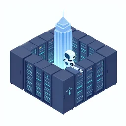 corporate memphis isometric art if robot in datacentre, corporate isometric art, raytraced 3 d