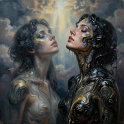two female bodies melting liquid acrylic painting abstract in glass and black latex fluid, black paint, female face, woman body, hypperrealistic, bokeh, long exposure, close up portrait, fantasy concept art, epic light, clouds, god rays, heaven, art noveau, artistic sketch, dark mood, film still, swirly body painting, golden filigree