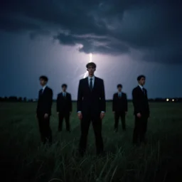 8 mm film, blurry, grainy, liminal, unsettling, group of tall men in suits in a field at night, thunderstorm, dark