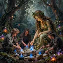 The ent and the dryad collecting stones by Albert Bierstadt and Gerald Brom and Craig Mullins and Greg Hildebrandt and Dean Ellis, smooth round rocks, blue flames, low light, glowing orange and purple crystals, green vines, misty swamp, tonalism, sfumato