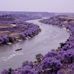 still film of chenab river with purple landscape, 8 k, intricate, elegant