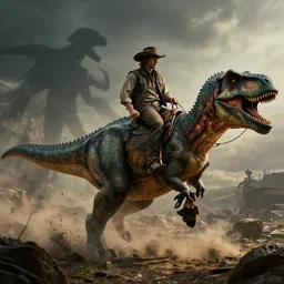 a cowboy riding a dinosaur, action scene, an epic fantasy, dramatic lighting, cinematic, extremely high detail, photorealistic, cinematic lighting, artstation, by simon stalenhag, shadow of the tomb rider