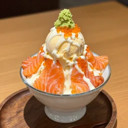 dslr food photograph of ice cream sundae with salmon roe and wasabi drizzle, 8 5 mm f 1. 8