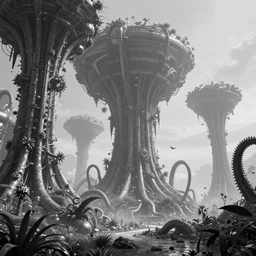 intricate concept illustration, fantasy, megastructure, large biomes, tentacles in background, flora, ultra photorealistic, sharp, haze, black and white, 8 k
