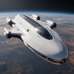 portrait of a starship made of advanced tech, oval design, armor plating on nose, dotted with leds, smooth, graceful design, figree decorations, gyroscopic engines, flying above a dead planet, photo realism, unreal engine, trending on artstation