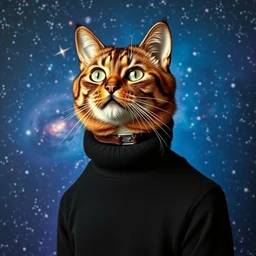a bust portrait of an intelligent cat in a black turtleneck pullover in front of a galaxy wallpaper, photography, cosmos by carl sagan