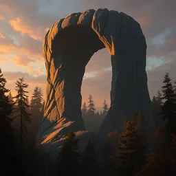 a tall rock structure in the shape of a spiral vortex, background of trees, dramatic evening lighting, concept art by peter mohrbacher and ruan jia and craig mullins