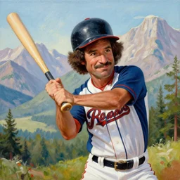 a closeup photorealistic photograph of bob ross themed kenny powers swinging baseball bat, painting on a canvas. mountains and trees. film still. brightly lit scene. this 4 k hd image is trending on artstation, featured on behance, well - rendered, extra crisp, features intricate detail, epic composition and the style of unreal engine.
