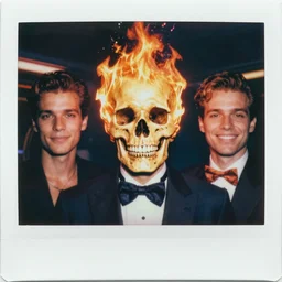 3 d super awesome head to shoulder portrait colored polaroid film photograph of vaporwave skull on fire, miami vice, super classy. stylish. bowtie. bowtie. smile. super resolution. extremely detailed. polaroid 6 0 0 film. by annie leibovitz and richard avedon
