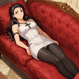 alluring highly detailed manga line art wide-angle portrait of (1) Triss from the Witcher 3 laying on a red couch, very detailed, realistic