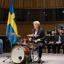 The Prime Minister of Sweden, Magdalena Andersson, playing a drums on stage in the UN Assembly Hall. Cinematic lighting, photorealistic, cinematography by Stanley Kubrick. 8k.