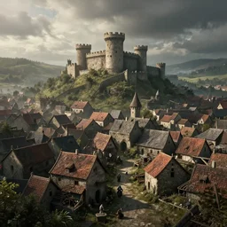 sulfur pit medieval town, view from the castle. miserable existence. hdri hdr stylized 3 8 4 0 x 2 1 6 0